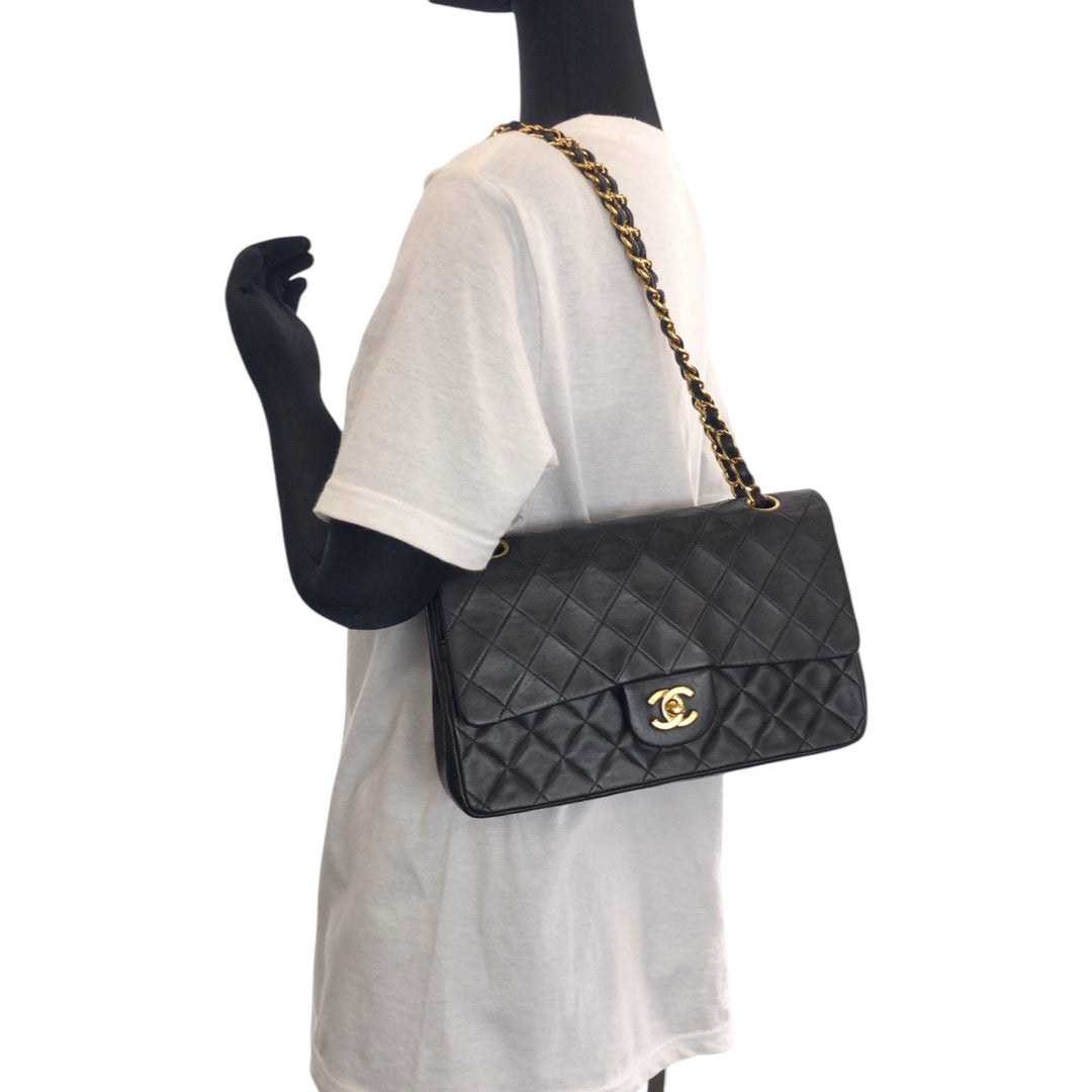 CHANEL Shoulder Bag lambskin Black GoldMetal ChainShoulder Bag Mattasse double flap COCO Mark Turnlock Women Used Authentic