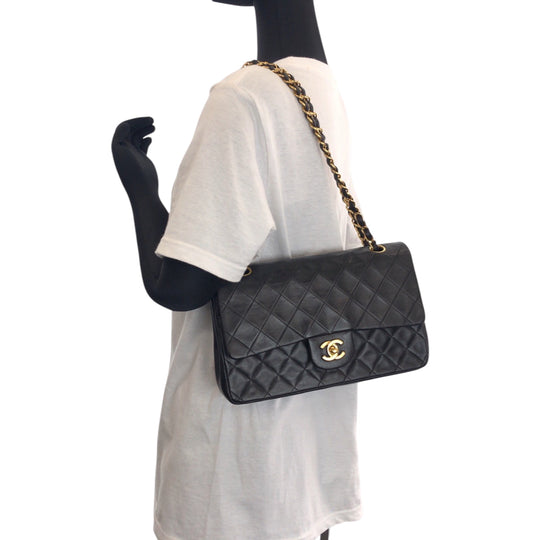 CHANEL Shoulder Bag lambskin Black GoldMetal ChainShoulder Bag Mattasse double flap COCO Mark Turnlock Women Used Authentic