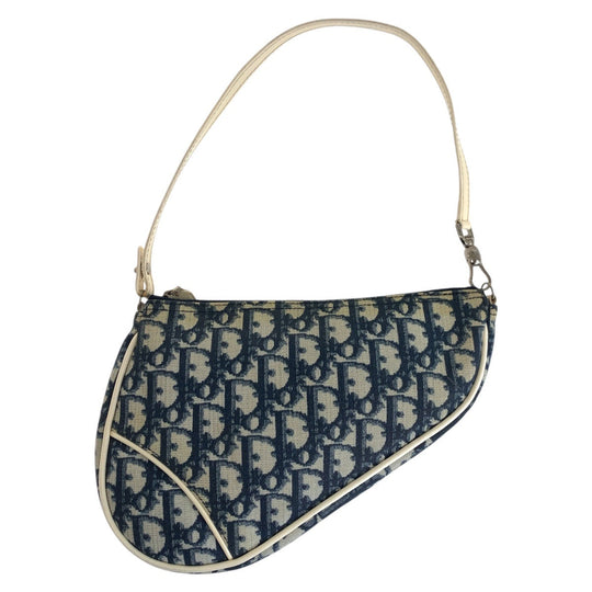 Dior Handbag Canvas, enamel Navy white Handbag accessory pouch Trotter Saddle bag Women Used Authentic