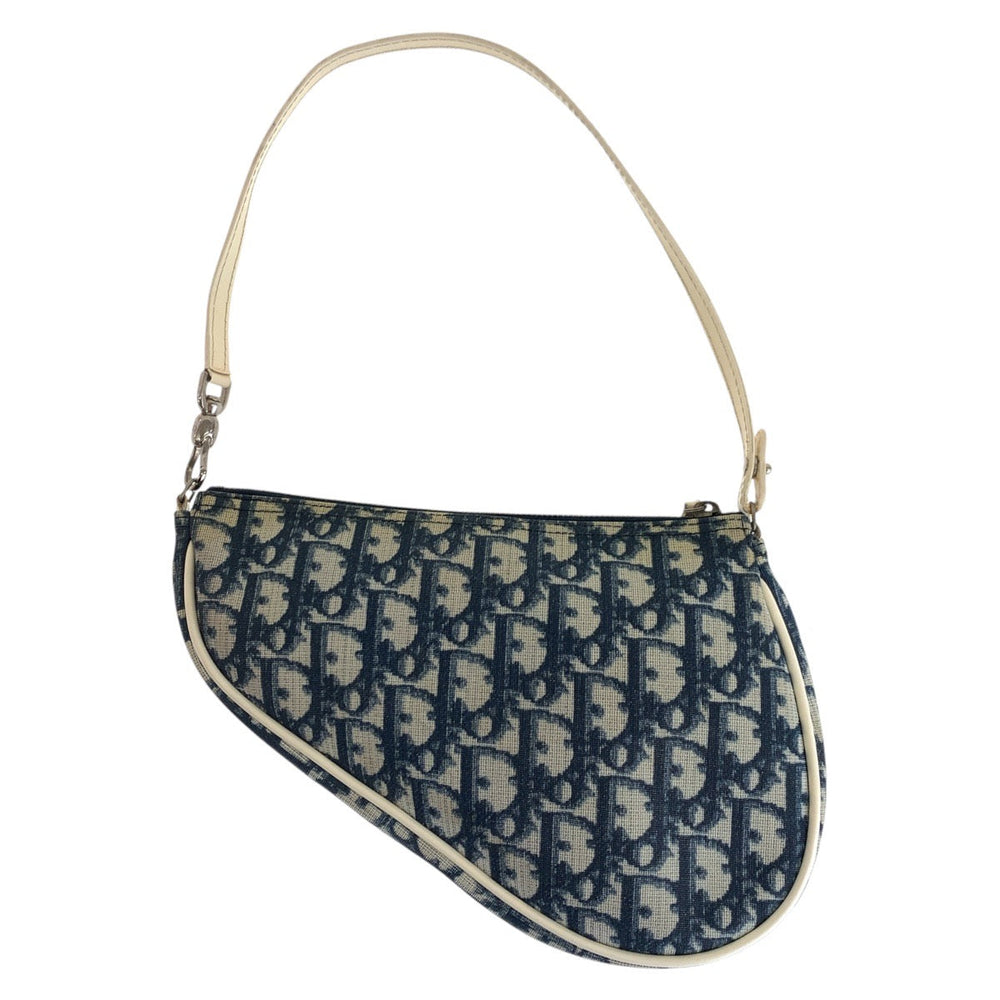 Dior Handbag Canvas, enamel Navy white Handbag accessory pouch Trotter Saddle bag Women Used Authentic