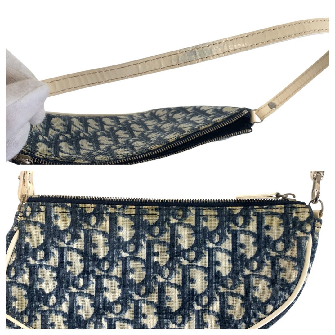 Dior Handbag Canvas, enamel Navy white Handbag accessory pouch Trotter Saddle bag Women Used Authentic