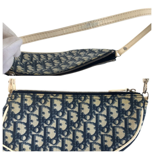 Dior Handbag Canvas, enamel Navy white Handbag accessory pouch Trotter Saddle bag Women Used Authentic