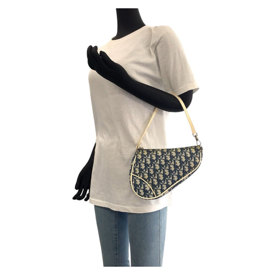Dior Handbag Canvas, enamel Navy white Handbag accessory pouch Trotter Saddle bag Women Used Authentic
