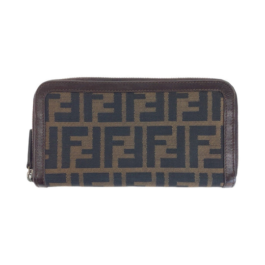 FENDI Long Wallet Purse Canvas, Leather Brown Long Wallet Purse Zip Around Unisex Zucca Women Used Authentic