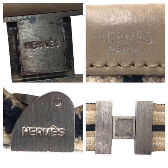HERMES belt cotton Beige Navy Blue Silver Metal Belts Unisex mens(Unisex) Used Authentic