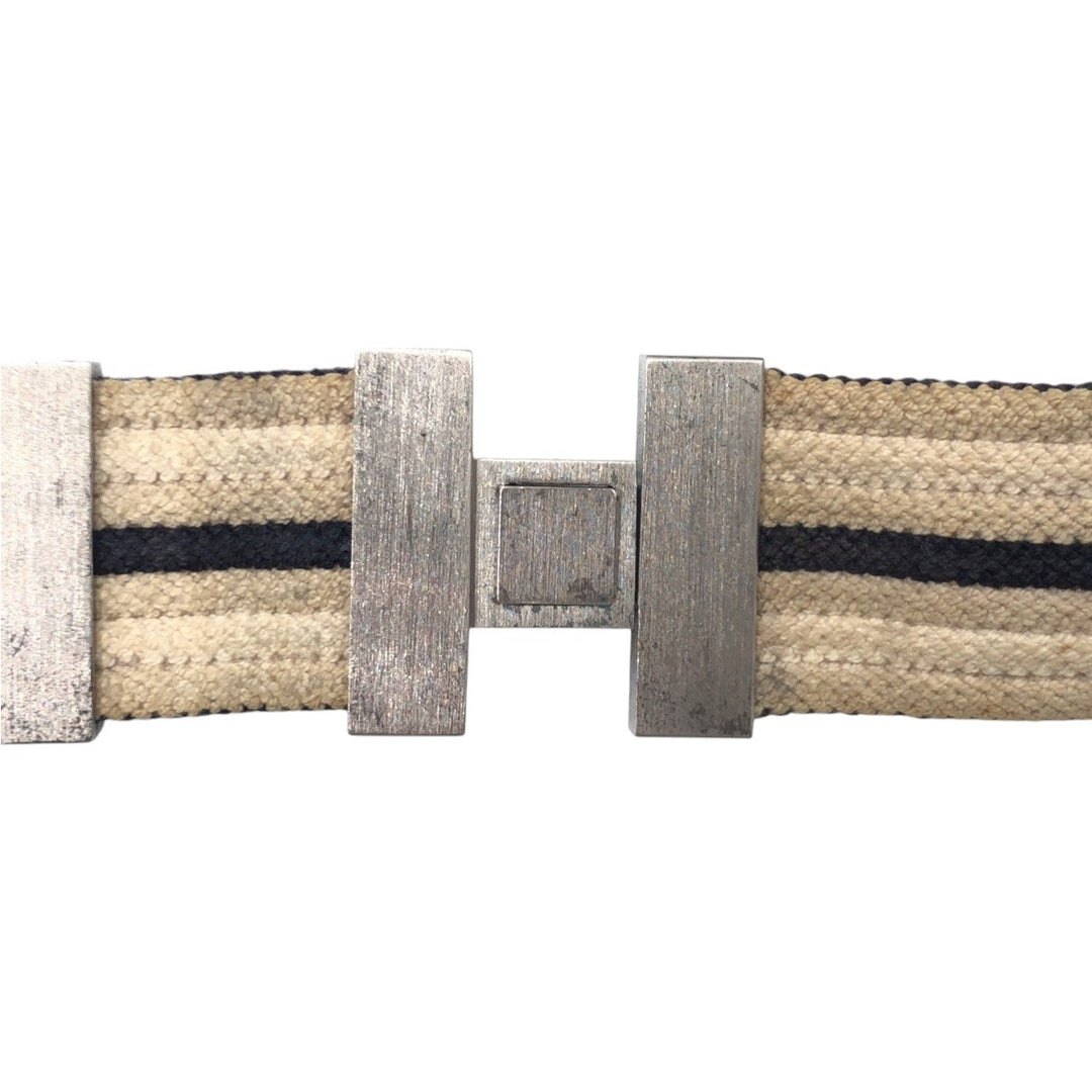 HERMES belt cotton Beige Navy Blue Silver Metal Belts Unisex mens(Unisex) Used Authentic