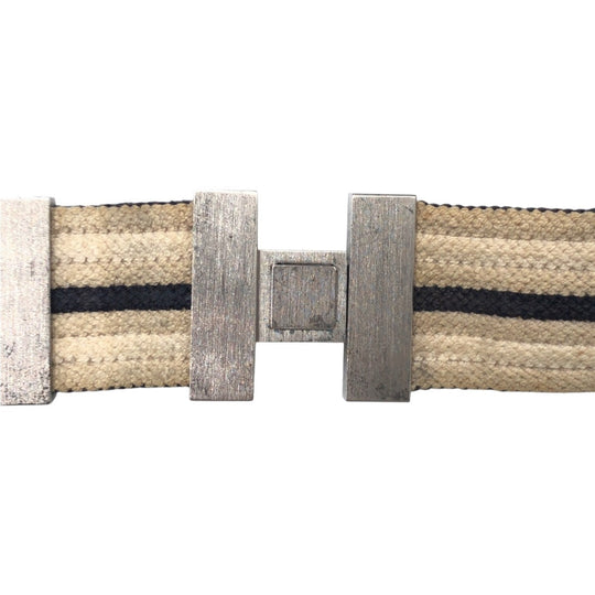 HERMES belt cotton Beige Navy Blue Silver Metal Belts Unisex mens(Unisex) Used Authentic