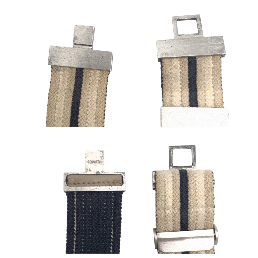 HERMES belt cotton Beige Navy Blue Silver Metal Belts Unisex mens(Unisex) Used Authentic