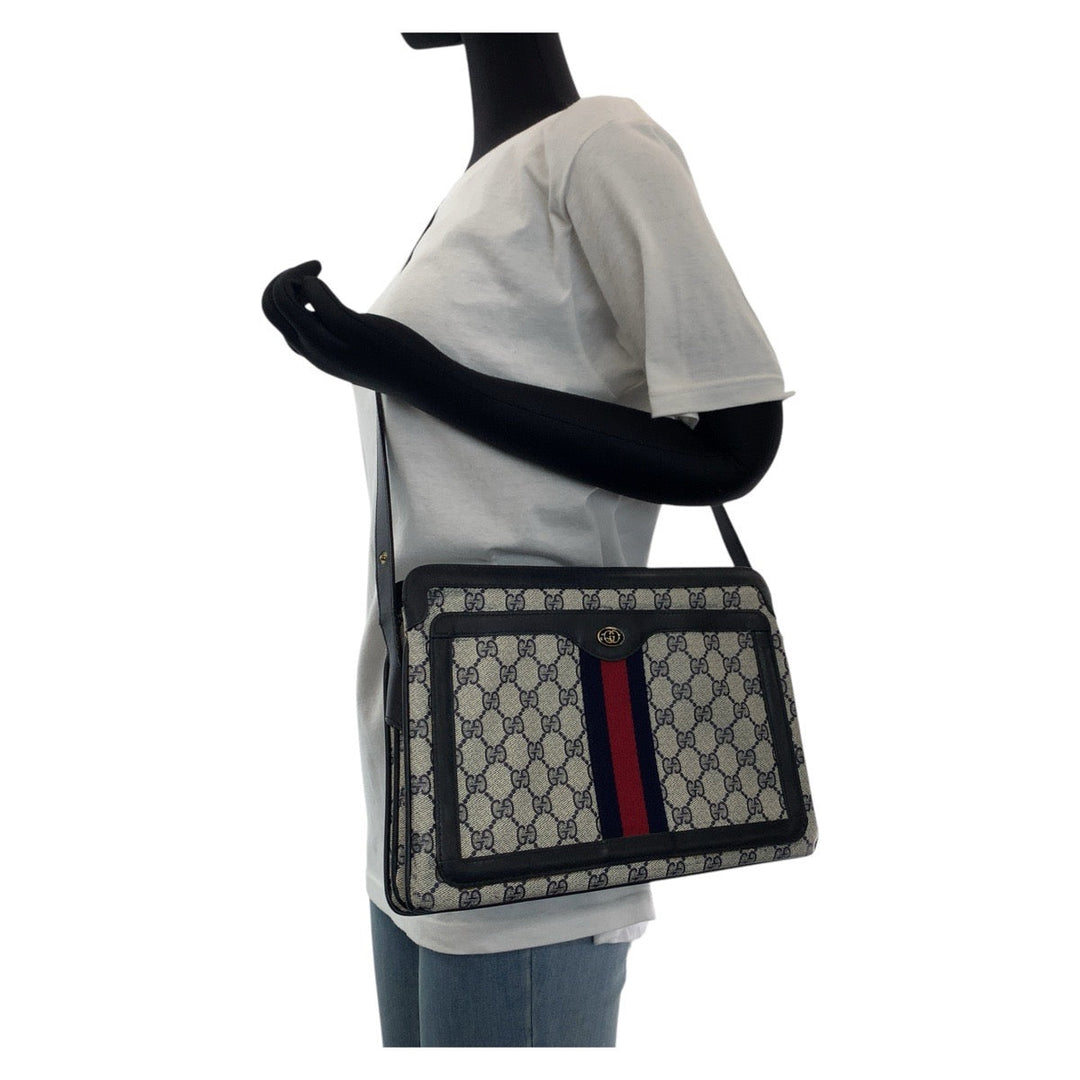 GUCCI Shoulder Bag 010 378 GG Supreme canvas, leather Navy Gold Metal Shoulder Bag pochette Old Gucci Shelly Line Interlocking Women Used Authentic