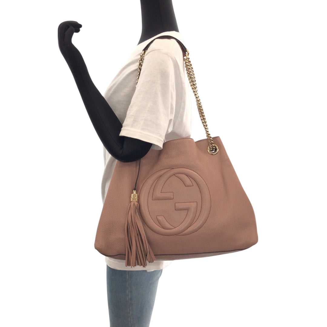 GUCCI Tote Bag 308982 leather Pink Gold Metal ChainTote Bag Shoulder Bag Soho Tassel Women Used Authentic