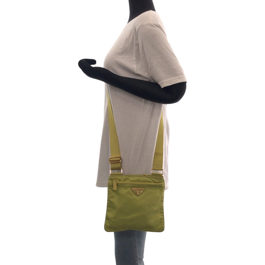PRADA Shoulder Bag Nylon Light Green Gold Metal Shoulder Bag Sacoche Test Triangle With logo Women Used Authentic
