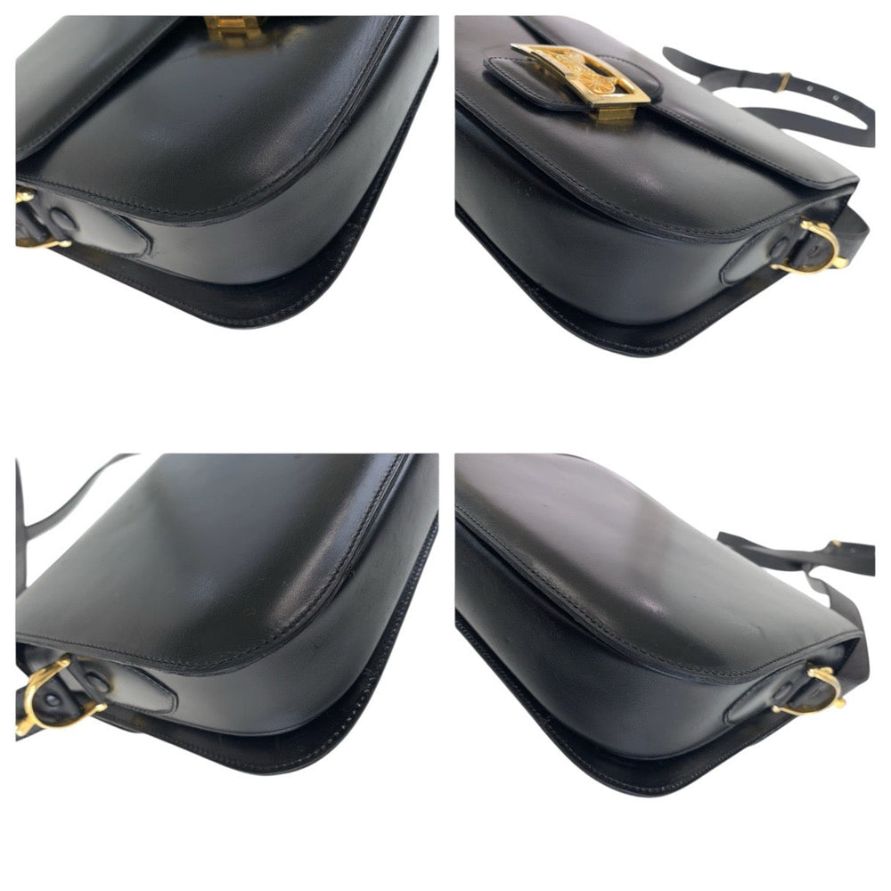 CELINE Shoulder Bag leather Black GoldMetal Shoulder Bag pochette Horse Carriage Women Used Authentic