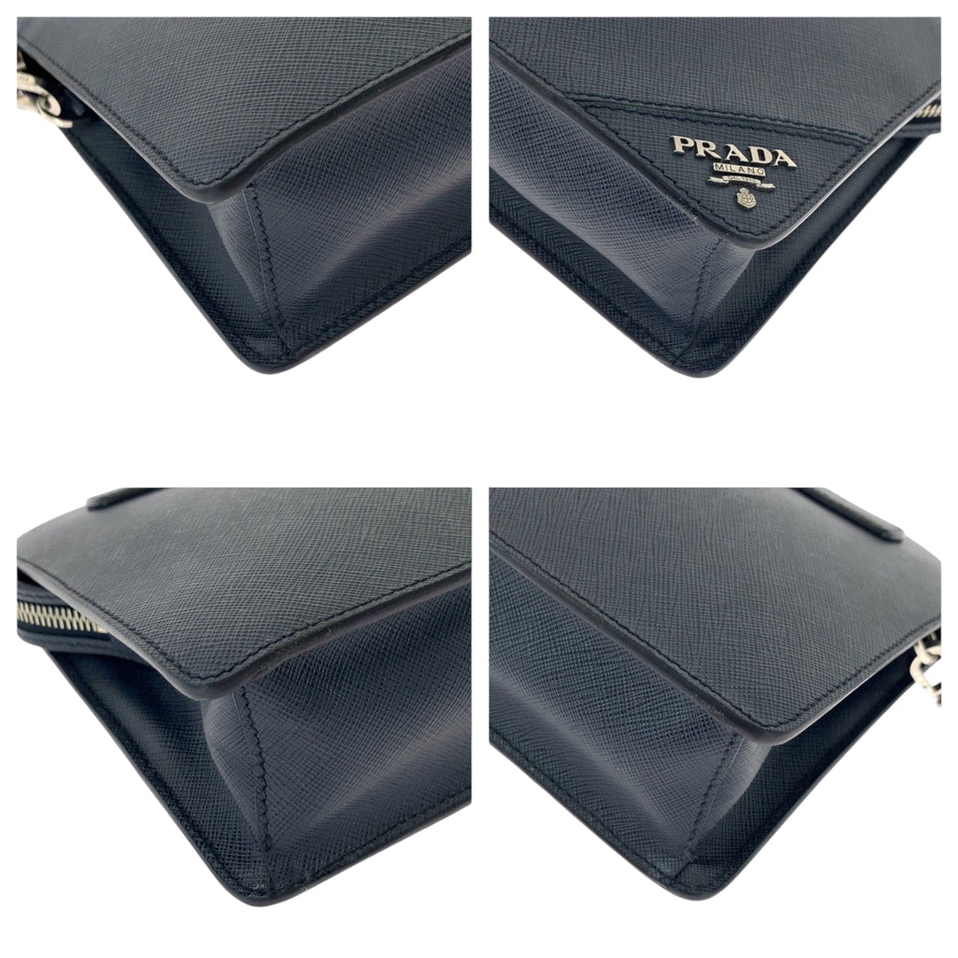 PRADA Clutch bag 2VF056 leather Navy SilverMetal Clutch bag business bag Safiano logo mens Used Authentic