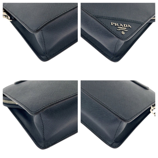 PRADA Clutch bag 2VF056 leather Navy SilverMetal Clutch bag business bag Safiano logo mens Used Authentic