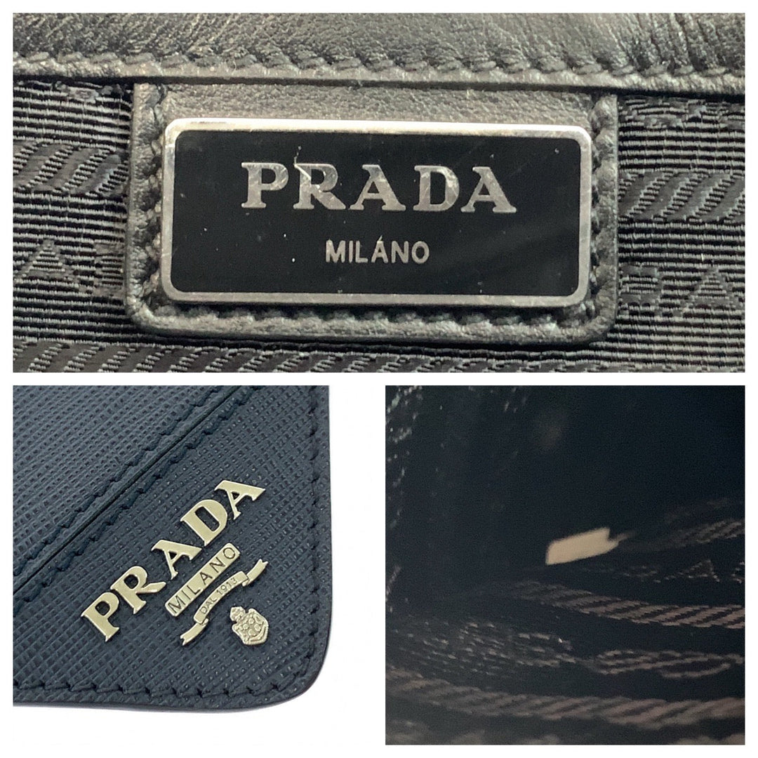 PRADA Clutch bag 2VF056 leather Navy SilverMetal Clutch bag business bag Safiano logo mens Used Authentic