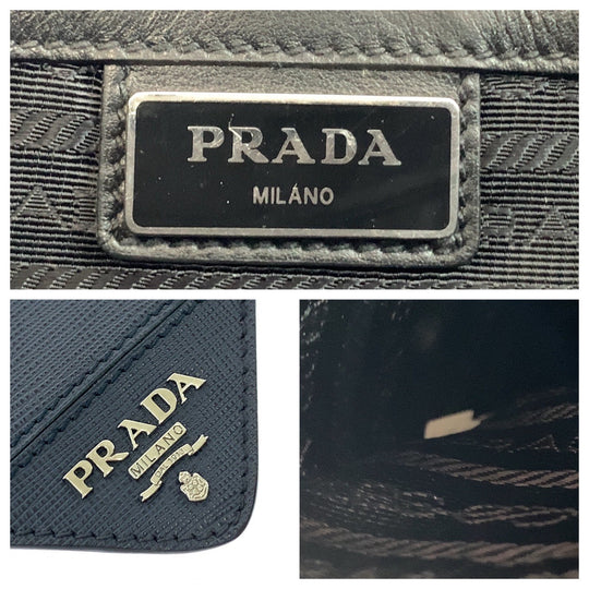 PRADA Clutch bag 2VF056 leather Navy SilverMetal Clutch bag business bag Safiano logo mens Used Authentic