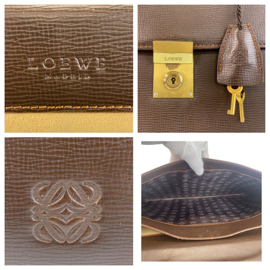 LOEWE Business bag leather Brown Gold Metal Business bag briefcase anagram mens Used Authentic