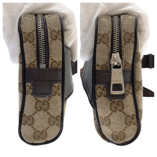 GUCCI Sling bag 449174 GG canvas, leather Brown Silver Metal Sling bag Waist bag mens Used Authentic