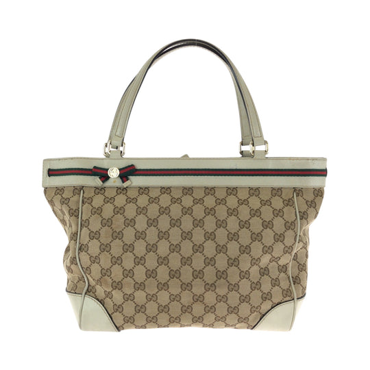 GUCCI Tote Bag 256071 GG canvas Beige Ivory Gold Metal Tote Bag handbag Sherry line Mayfair Ribbon Women Used Authentic