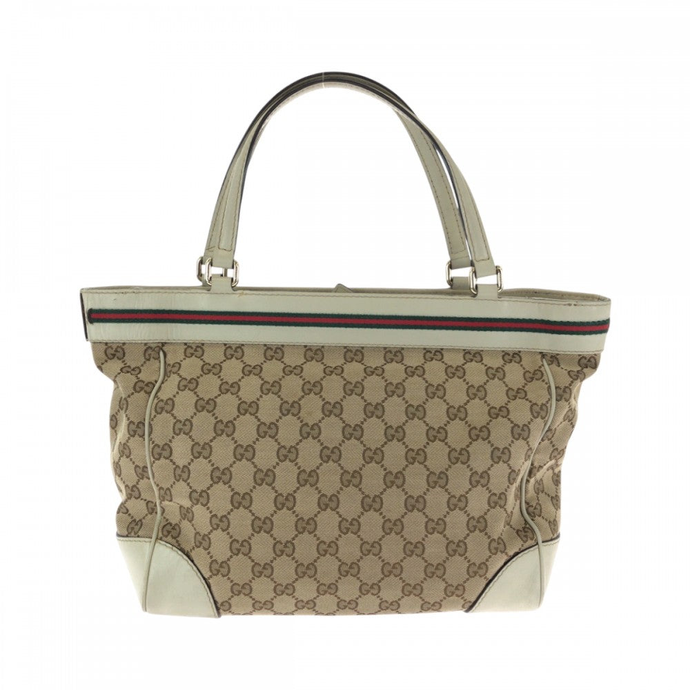 GUCCI Tote Bag 256071 GG canvas Beige Ivory Gold Metal Tote Bag handbag Sherry line Mayfair Ribbon Women Used Authentic