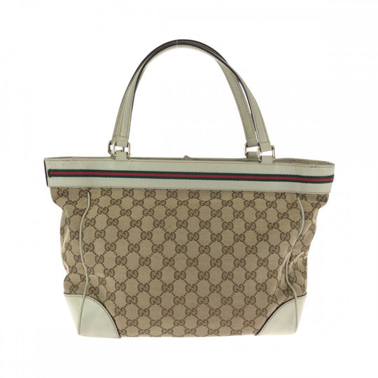 GUCCI Tote Bag 256071 GG canvas Beige Ivory Gold Metal Tote Bag handbag Sherry line Mayfair Ribbon Women Used Authentic