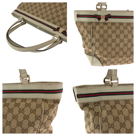 GUCCI Tote Bag 256071 GG canvas Beige Ivory Gold Metal Tote Bag handbag Sherry line Mayfair Ribbon Women Used Authentic