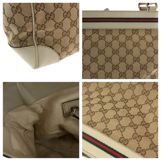 GUCCI Tote Bag 256071 GG canvas Beige Ivory Gold Metal Tote Bag handbag Sherry line Mayfair Ribbon Women Used Authentic