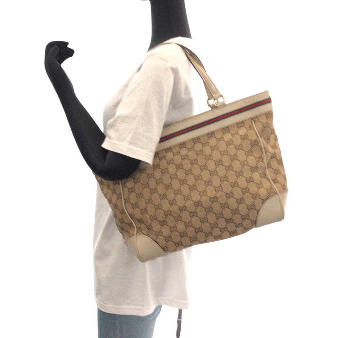 GUCCI Tote Bag 256071 GG canvas Beige Ivory Gold Metal Tote Bag handbag Sherry line Mayfair Ribbon Women Used Authentic