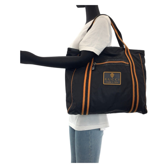 GUCCI Tote Bag 189665 Nylon, Leather Black Orange SilverMetal Tote Bag Shoulder Bag Unisex Crest Women Used Authentic