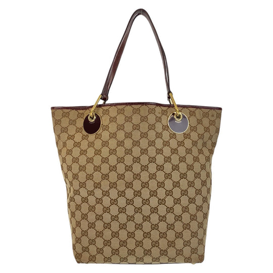 GUCCI Tote Bag 120836 GG canvas, leather Beige Wine Red Gold Metal Tote Bag Shoulder Bag Women Used Authentic