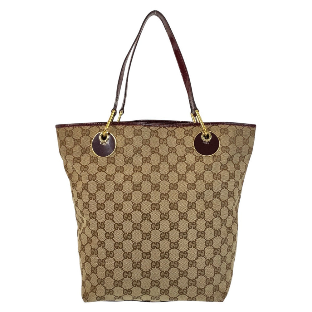 GUCCI Tote Bag 120836 GG canvas, leather Beige Wine Red Gold Metal Tote Bag Shoulder Bag Women Used Authentic
