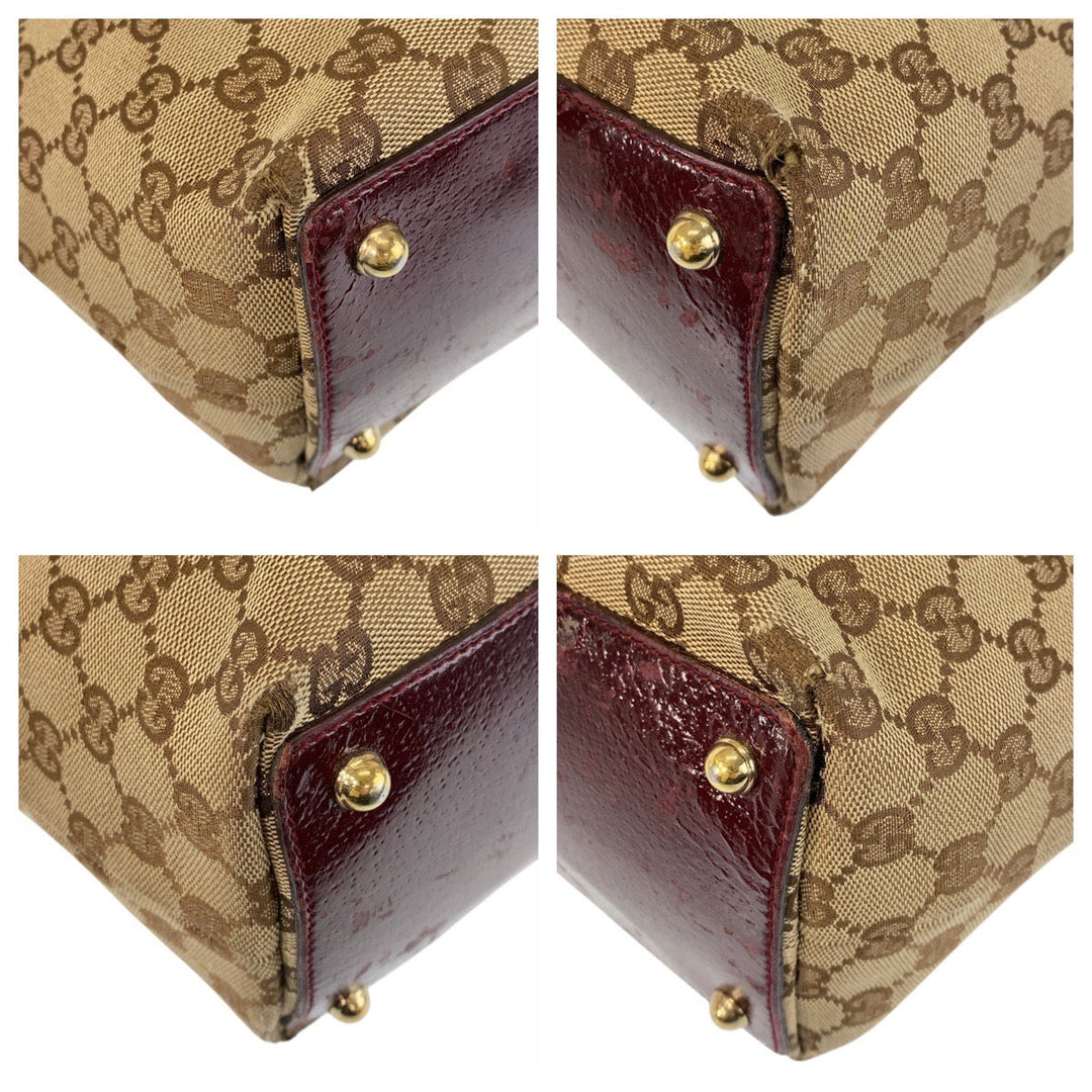GUCCI Tote Bag 120836 GG canvas, leather Beige Wine Red Gold Metal Tote Bag Shoulder Bag Women Used Authentic