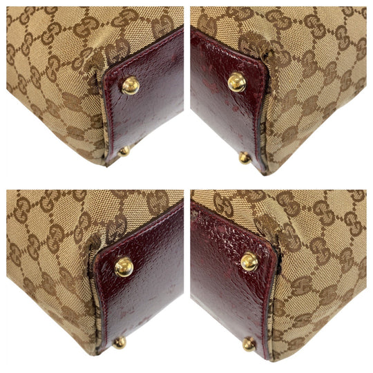 GUCCI Tote Bag 120836 GG canvas, leather Beige Wine Red Gold Metal Tote Bag Shoulder Bag Women Used Authentic