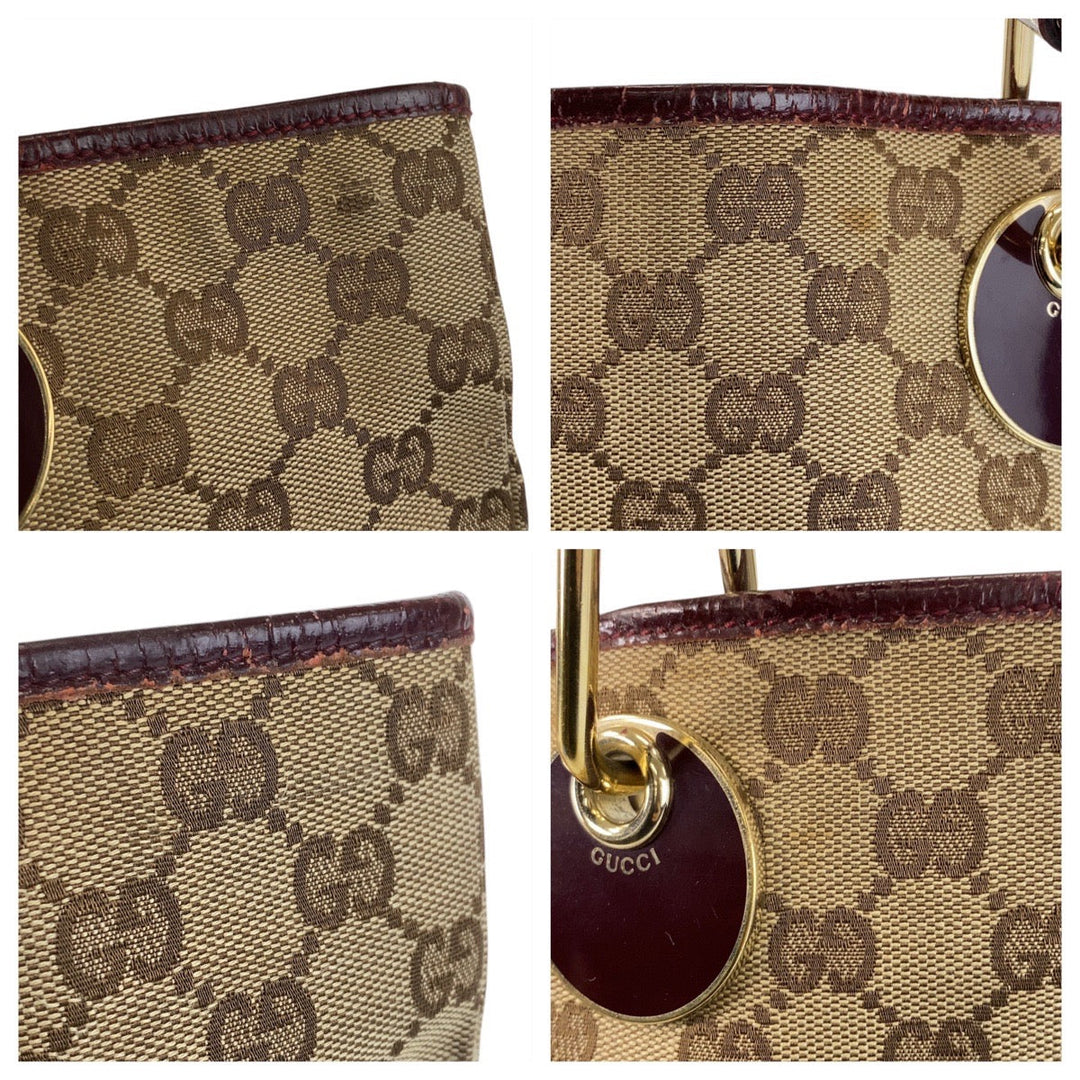 GUCCI Tote Bag 120836 GG canvas, leather Beige Wine Red Gold Metal Tote Bag Shoulder Bag Women Used Authentic