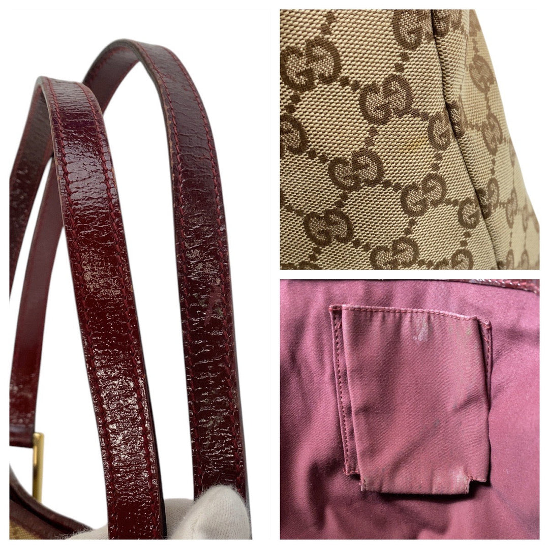 GUCCI Tote Bag 120836 GG canvas, leather Beige Wine Red Gold Metal Tote Bag Shoulder Bag Women Used Authentic