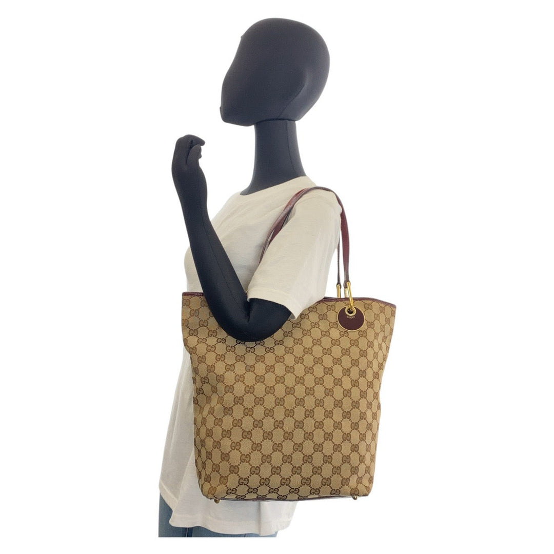 GUCCI Tote Bag 120836 GG canvas, leather Beige Wine Red Gold Metal Tote Bag Shoulder Bag Women Used Authentic