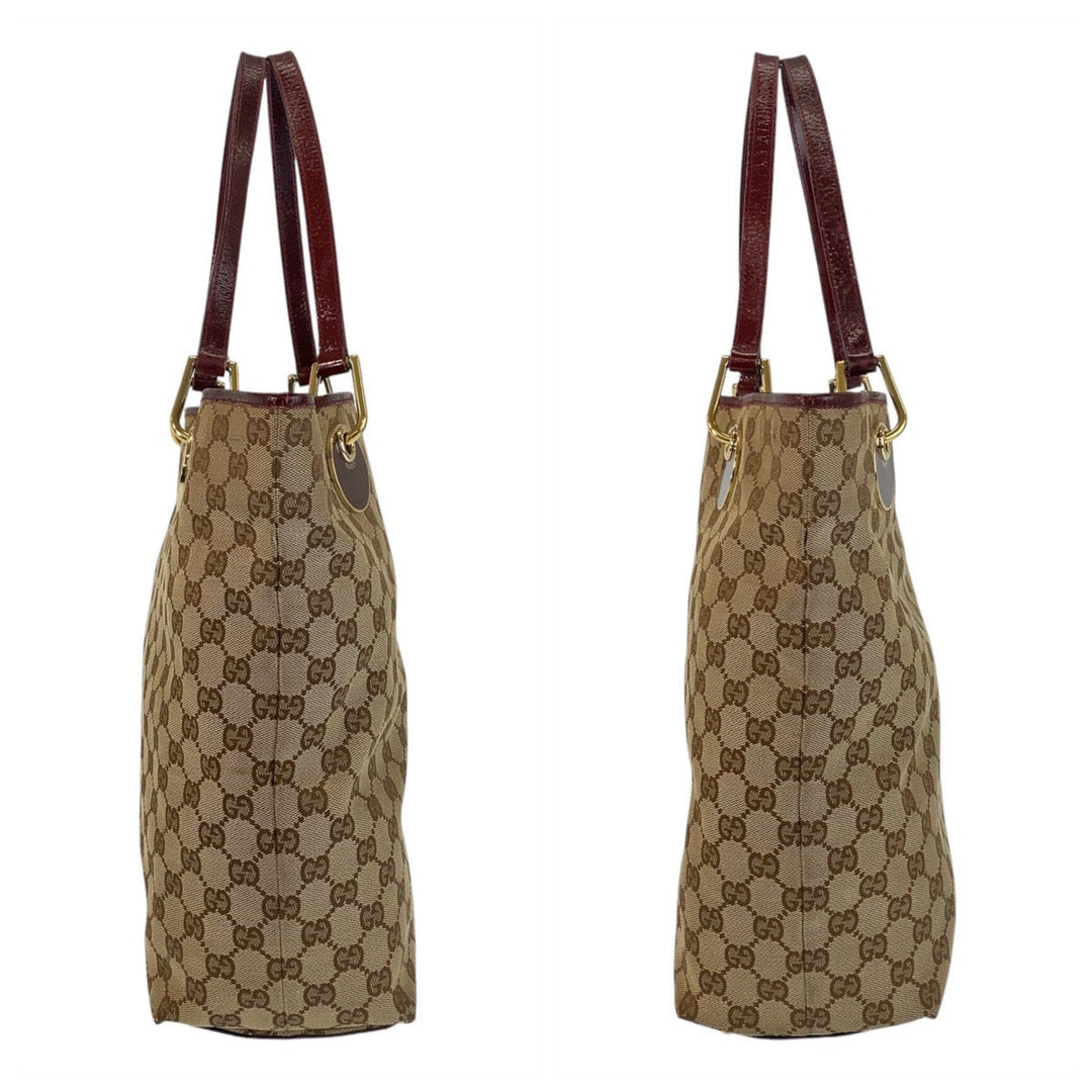 GUCCI Tote Bag 120836 GG canvas, leather Beige Wine Red Gold Metal Tote Bag Shoulder Bag Women Used Authentic
