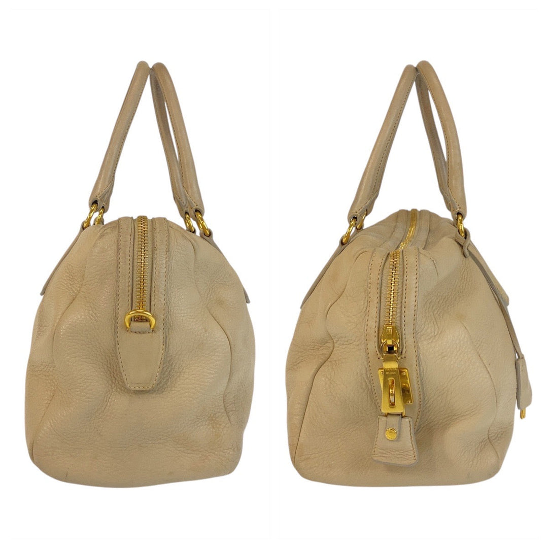 PRADA Handbag leather Beige Gold Metal Handbag Shoulder Bag Women Used Authentic