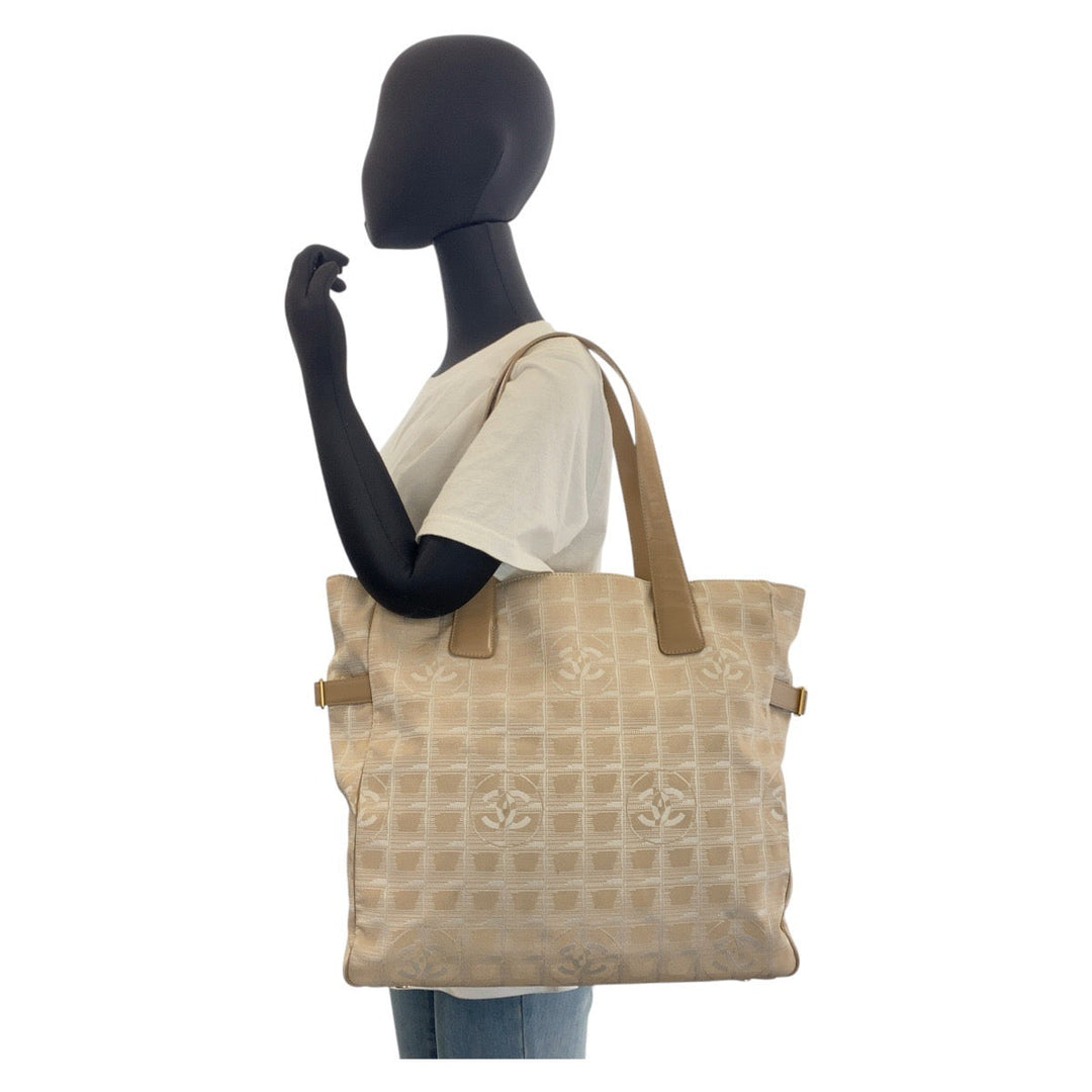 CHANEL Tote Bag Nylon, Leather Beige Gold Metal Tote Bag Shoulder Bag New travel line COCO Mark Women Used Authentic