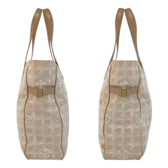 CHANEL Tote Bag Nylon, Leather Beige Gold Metal Tote Bag Shoulder Bag New travel line COCO Mark Women Used Authentic