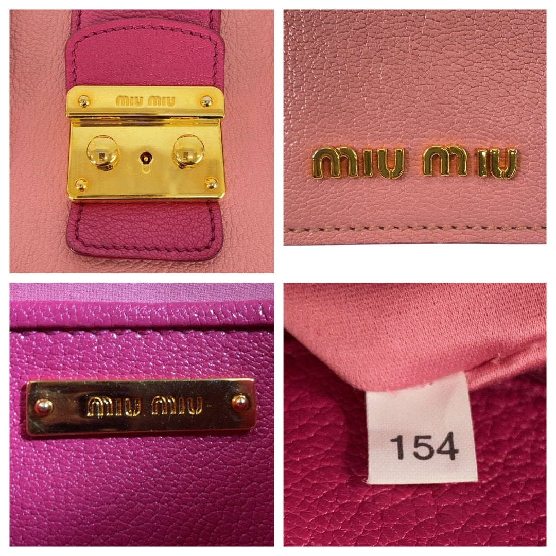 Miu Miu Handbag leather Pink Gold Metal Handbag Shoulder Bag Madras Women Used Authentic