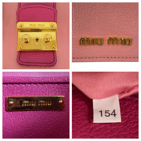 Miu Miu Handbag leather Pink Gold Metal Handbag Shoulder Bag Madras Women Used Authentic