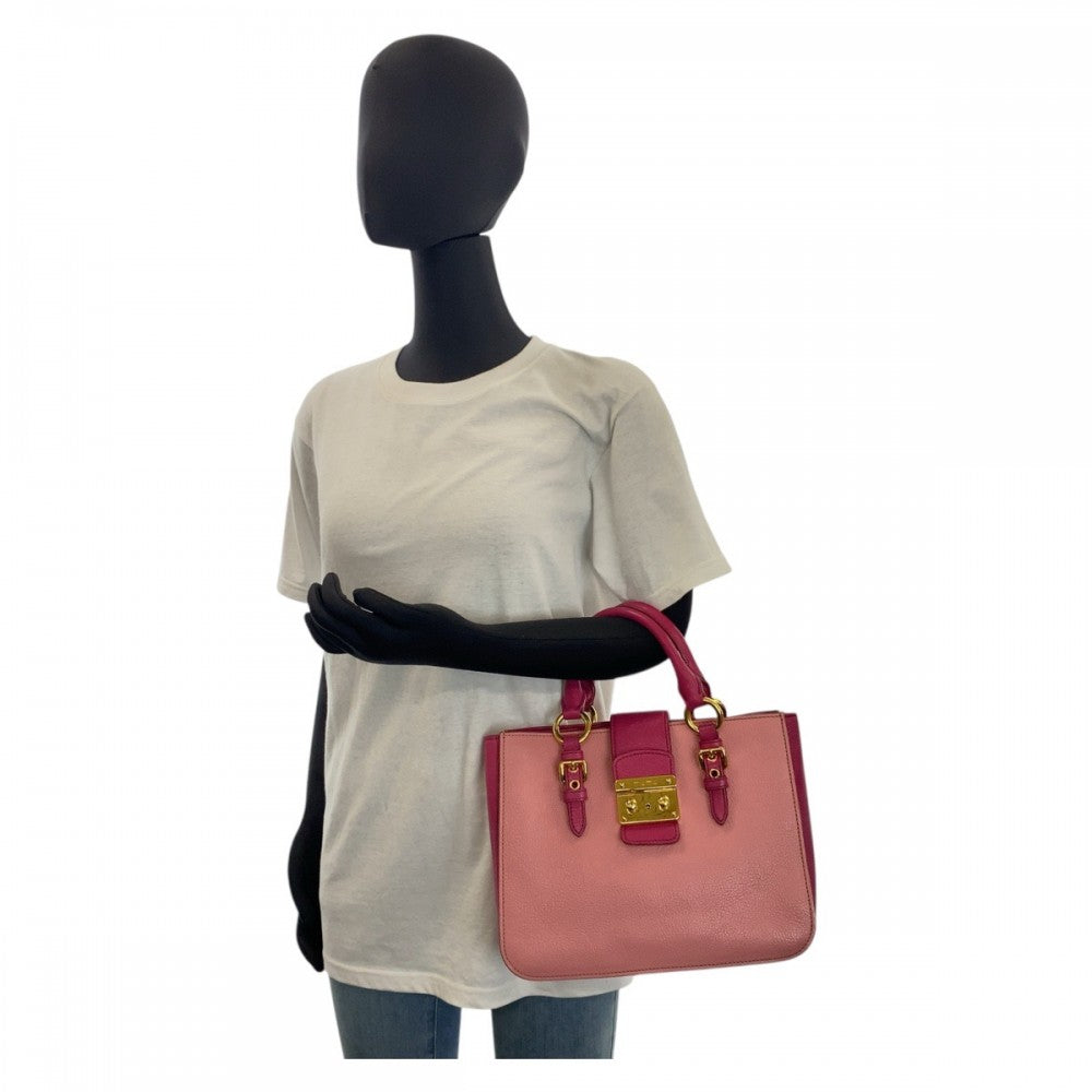 Miu Miu Handbag leather Pink Gold Metal Handbag Shoulder Bag Madras Women Used Authentic
