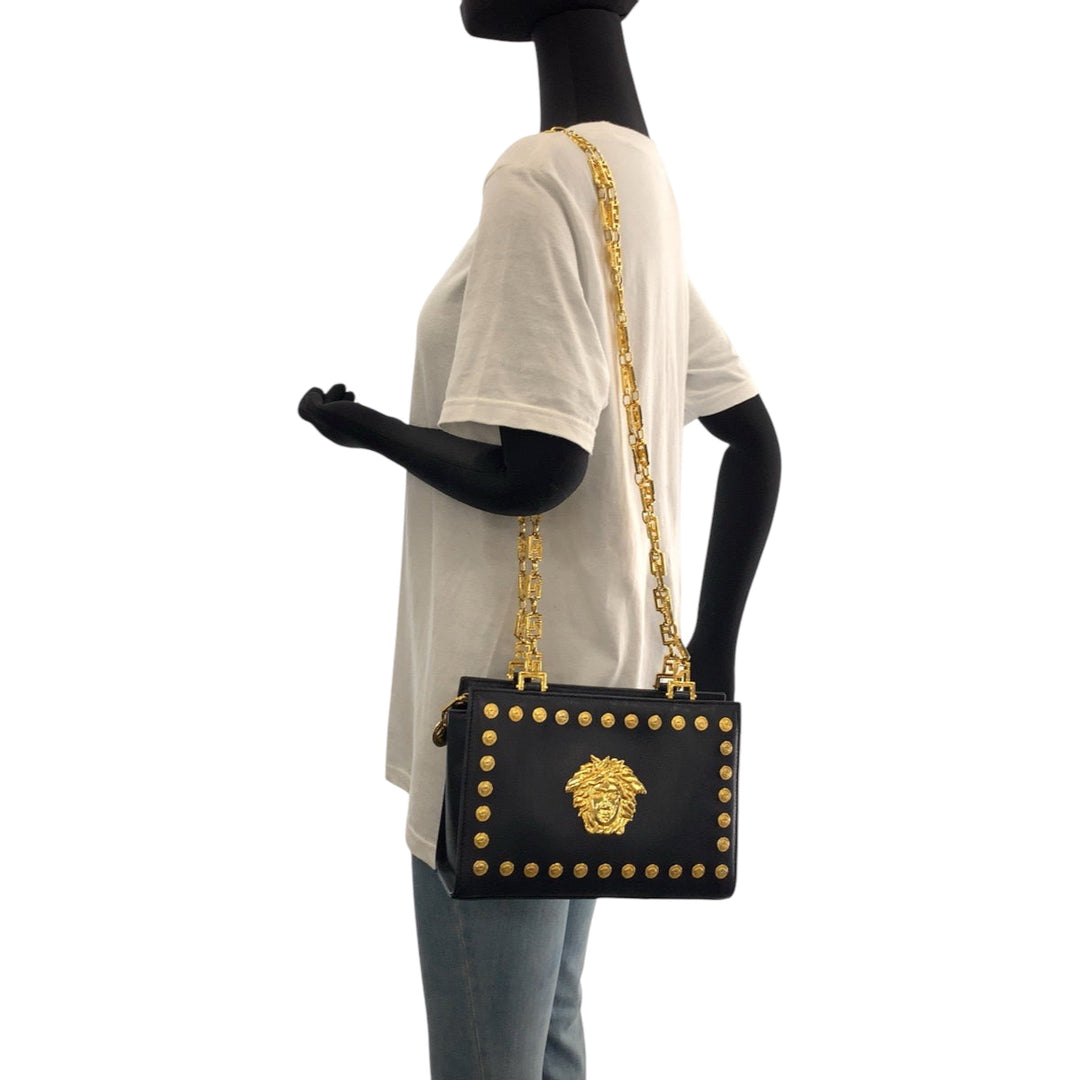 Gianni Versace Shoulder Bag leather black Medusa Studs