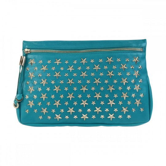 JIMMY CHOO Clutch bag leather Green SilverMetal Women Used Authentic
