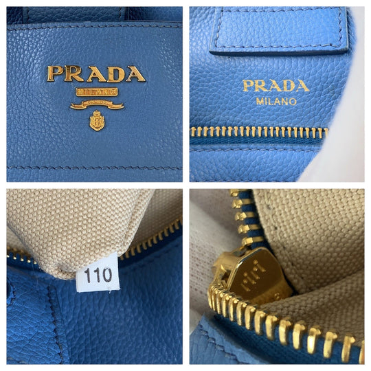 PRADA Tote Bag leather Light Blue Gold Metal Tote Bag Shoulder Bag 2way Vitterodino Women Used Authentic