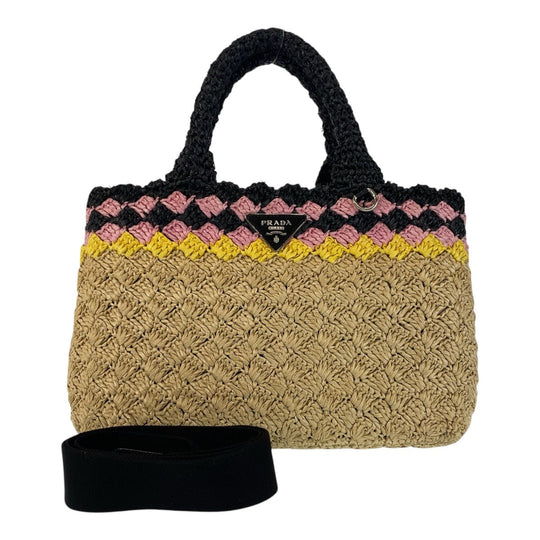 PRADA Handbag Raffia Beige Black SilverMetal Canapa TriangleWith logo