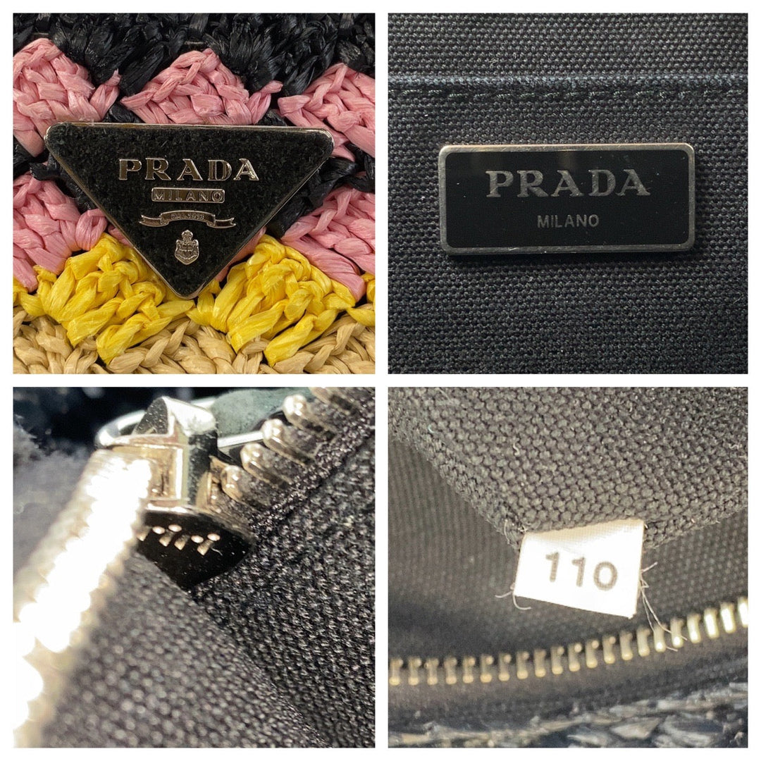PRADA Handbag Raffia Beige Black SilverMetal Canapa TriangleWith logo