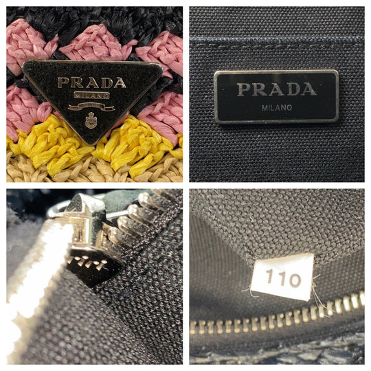 PRADA Handbag Raffia Beige Black SilverMetal Canapa TriangleWith logo