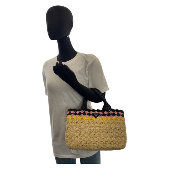 PRADA Handbag Raffia Beige Black SilverMetal Canapa TriangleWith logo